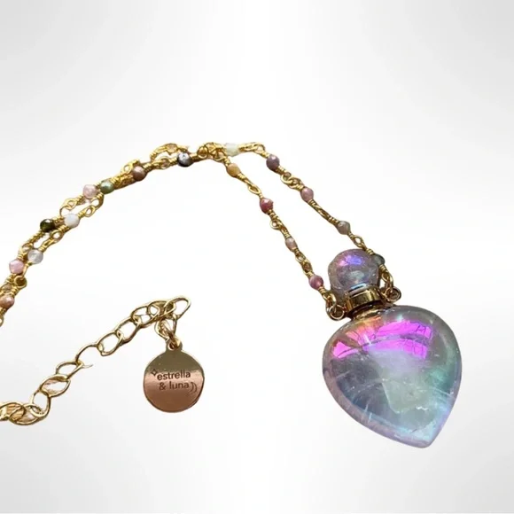 Aura Quartz Crystal bottle Necklace 18K Gold Plated Brass Rosary Chain New in bx - Picture 9 of 10